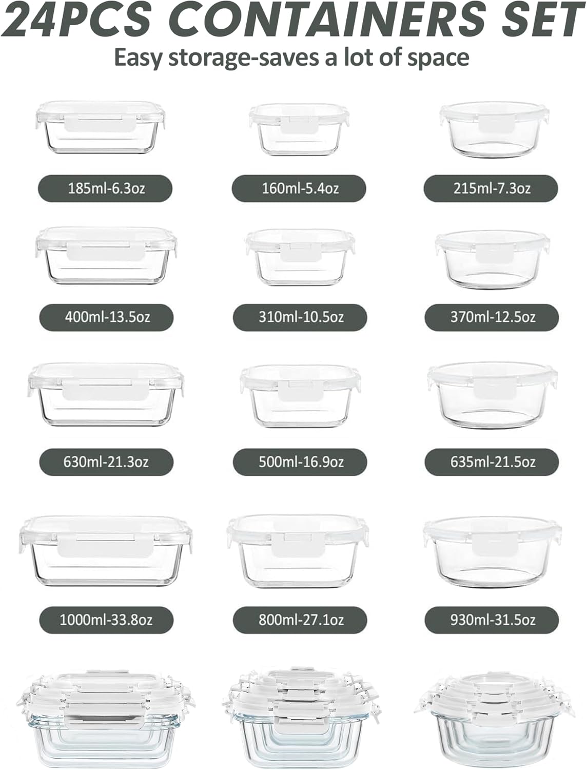 VERONES 30 Pieces Glass Meal Prep Containers Set, Stackable Glass Food Storage Containers with Lids-Airtight Lunch Containers，for Microwave, Oven, Freezer & Dishwasher,Grey