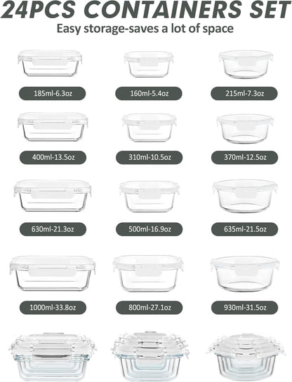 VERONES 30 Pieces Glass Meal Prep Containers Set, Stackable Glass Food Storage Containers with Lids-Airtight Lunch Containers，for Microwave, Oven, Freezer & Dishwasher,Grey