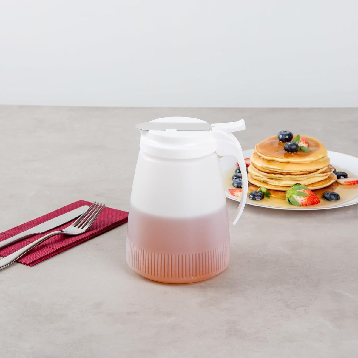 Restaurantware-Chef 101 32 Ounce All Purpose Syrup Dispenser, 1 Honey Dispenser - White Top, Stainless Steel Slide Cover, Plastic Pancake Syrup Bottle, Perfect For Diners, Restaurants, Home