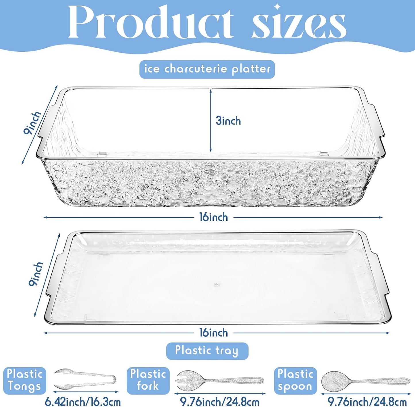 Baderke 16" x 9" Chilled Serving Tray for Parties with Compartments Ice Chilled Party Crudite Platter Charcuterie Serving Board Cold Dish Dip with Tableware for Seafood Vegetable(Silver Glitter)