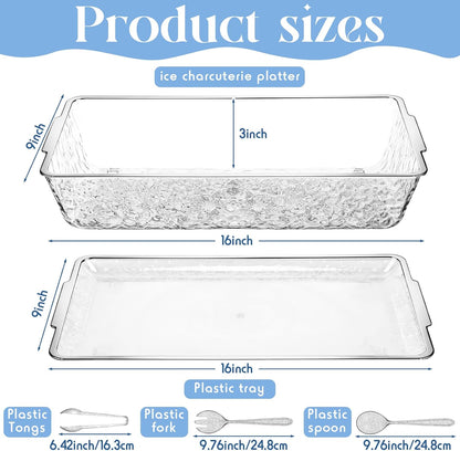 Baderke 16" x 9" Chilled Serving Tray for Parties with Compartments Ice Chilled Party Crudite Platter Charcuterie Serving Board Cold Dish Dip with Tableware for Seafood Vegetable(Silver Glitter)