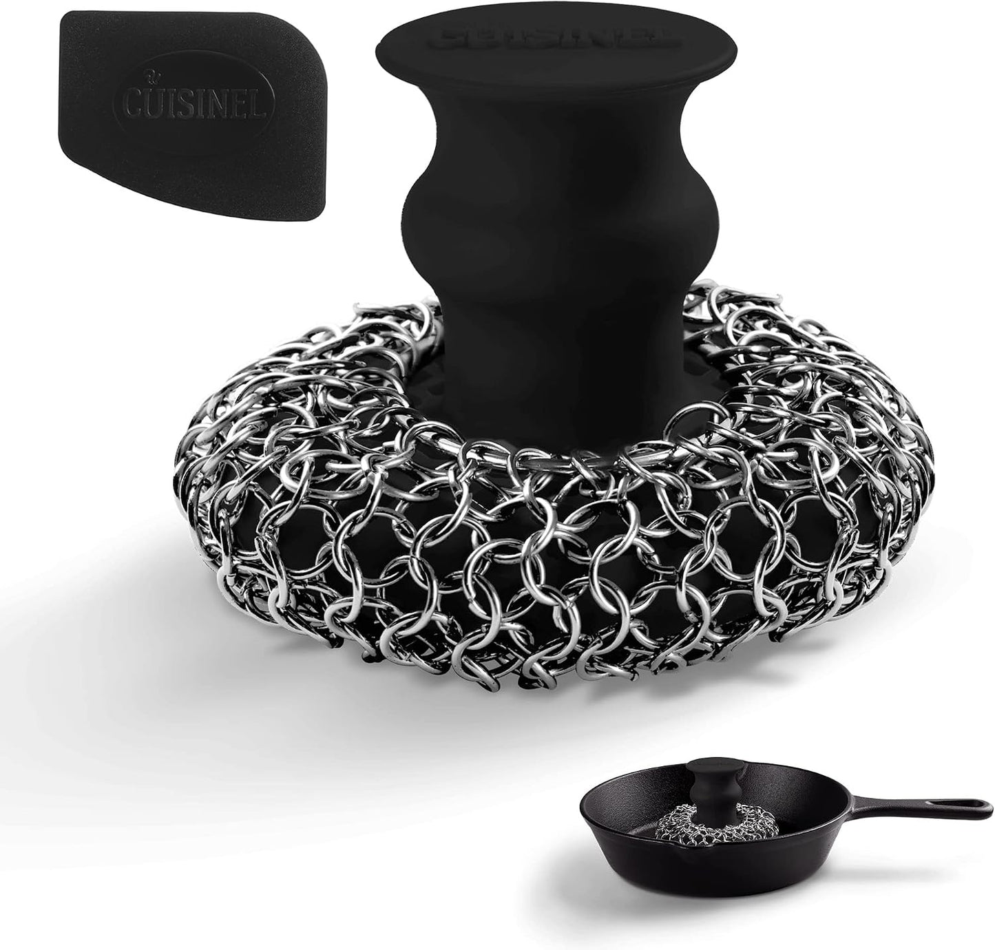 Cuisinel Cast Iron Scrubber Cleaning Brush + Pan/Grill Scraper - Skillet and Grill Cleaner Kit - Soft-Touch Confident-Grip Dish Scrub Tool - Tough on Grease, Gentle on Metal and Non-Stick Cookware