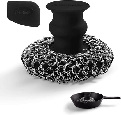 Cuisinel Cast Iron Scrubber Cleaning Brush + Pan/Grill Scraper - Skillet and Grill Cleaner Kit - Soft-Touch Confident-Grip Dish Scrub Tool - Tough on Grease, Gentle on Metal and Non-Stick Cookware