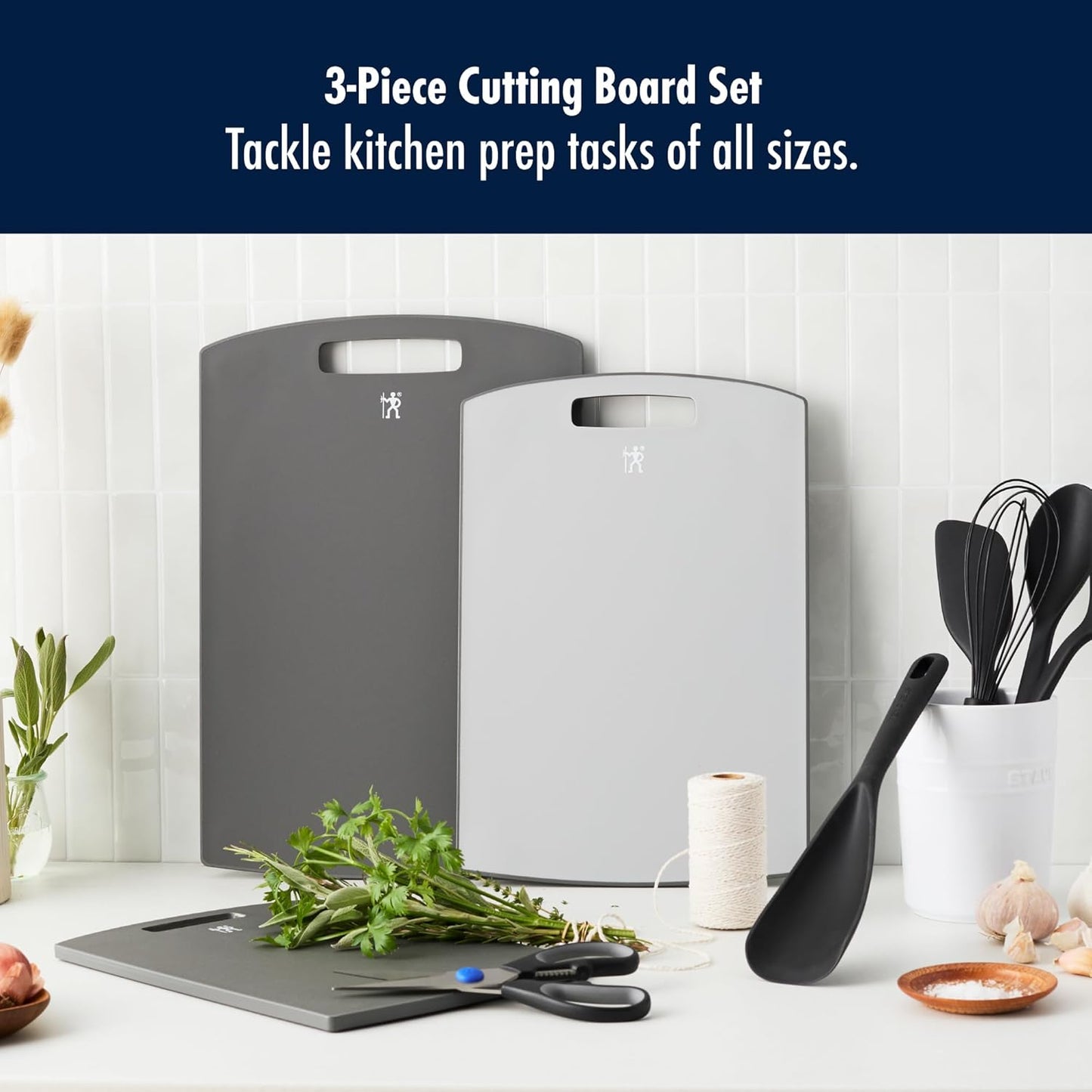 HENCKELS Cutting Board Set, 3-Piece Plastic Kitchen Chopping Boards with Gray Trim, Non-Slip Silicone Feet, BPA-Free, Dishwasher Safe