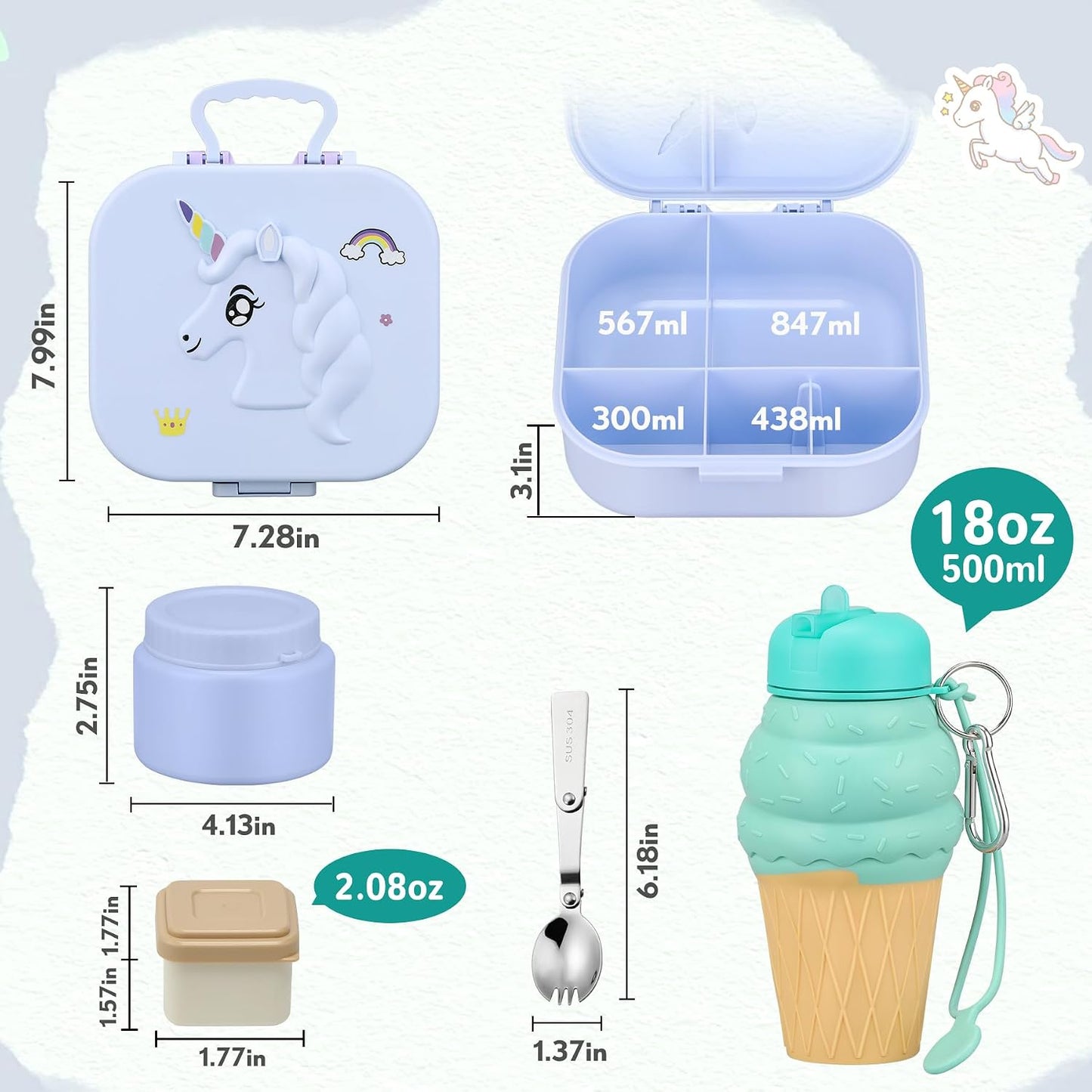 Aimsnk Magical Dinosaur Kids Lunch Box Set -12oz Insulated Food Jar, Leakproof Lunch Food Containers Cutlery, Leak-Proof Sauce Cup & Spoon, Gradient Green+Jar Green