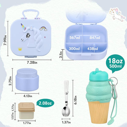 Aimsnk Magical Dinosaur Kids Lunch Box Set -12oz Insulated Food Jar, Leakproof Lunch Food Containers Cutlery, Leak-Proof Sauce Cup & Spoon, Gradient Green+Jar Green