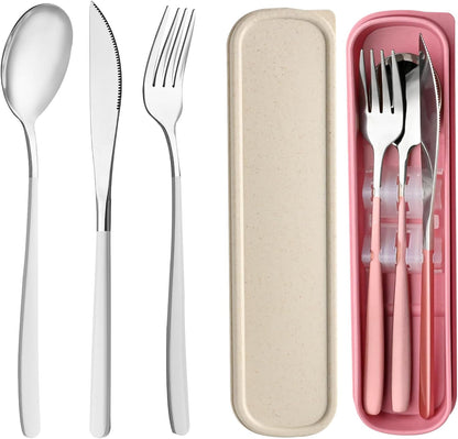 Travel Utensils with Case, 2 Sets Reusable Utensils Set with Case, Camping Utensil Set, Portable Silverware Lunch Utensils Set for Work Camping School(Beige, Pink)