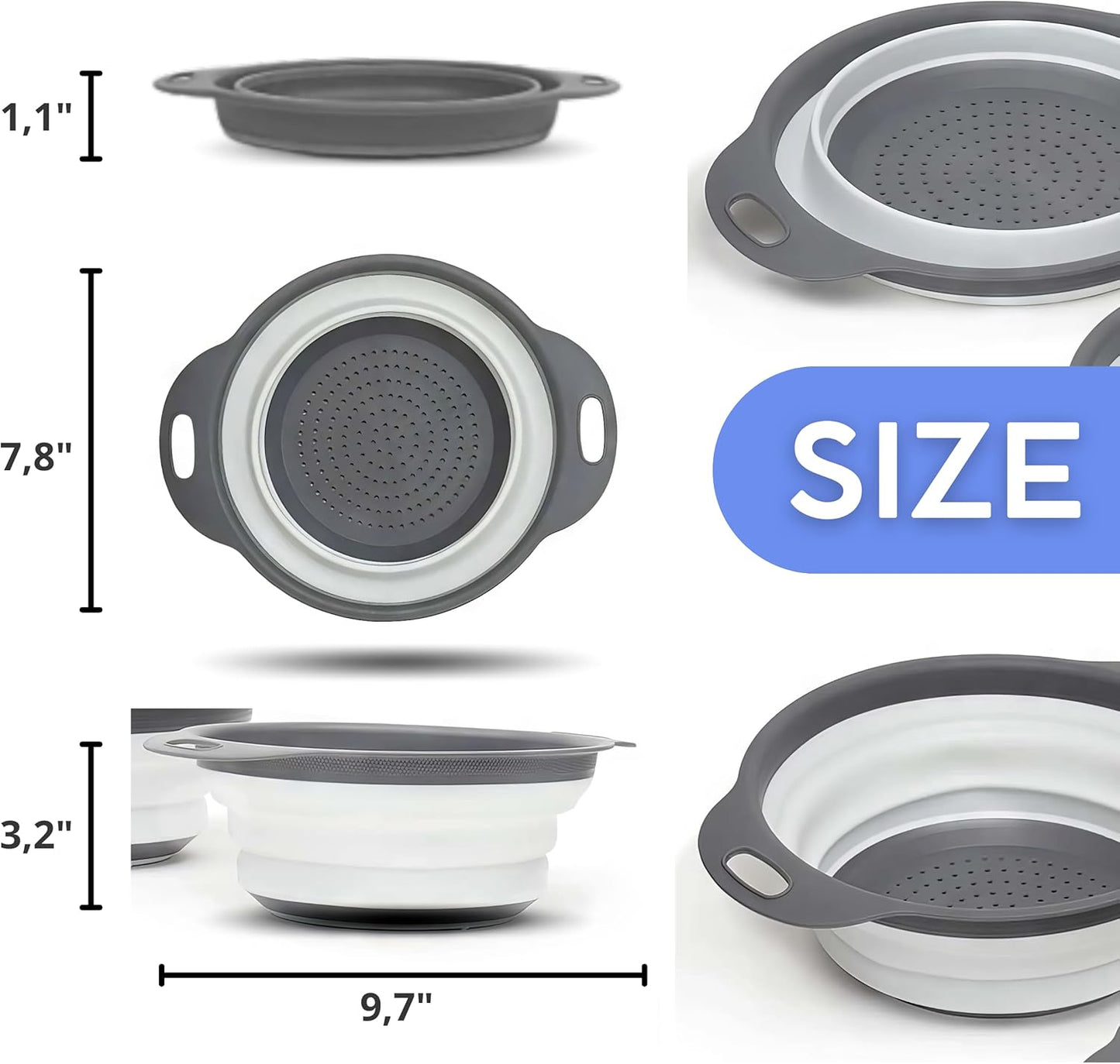 3PCS Green Foldable Kitchen Strainer Set – Silicone Colander Collapsible Strainers and Colanders Green Collander for Kitchen Collapsible Compact Drain Tools for Cooking Prep