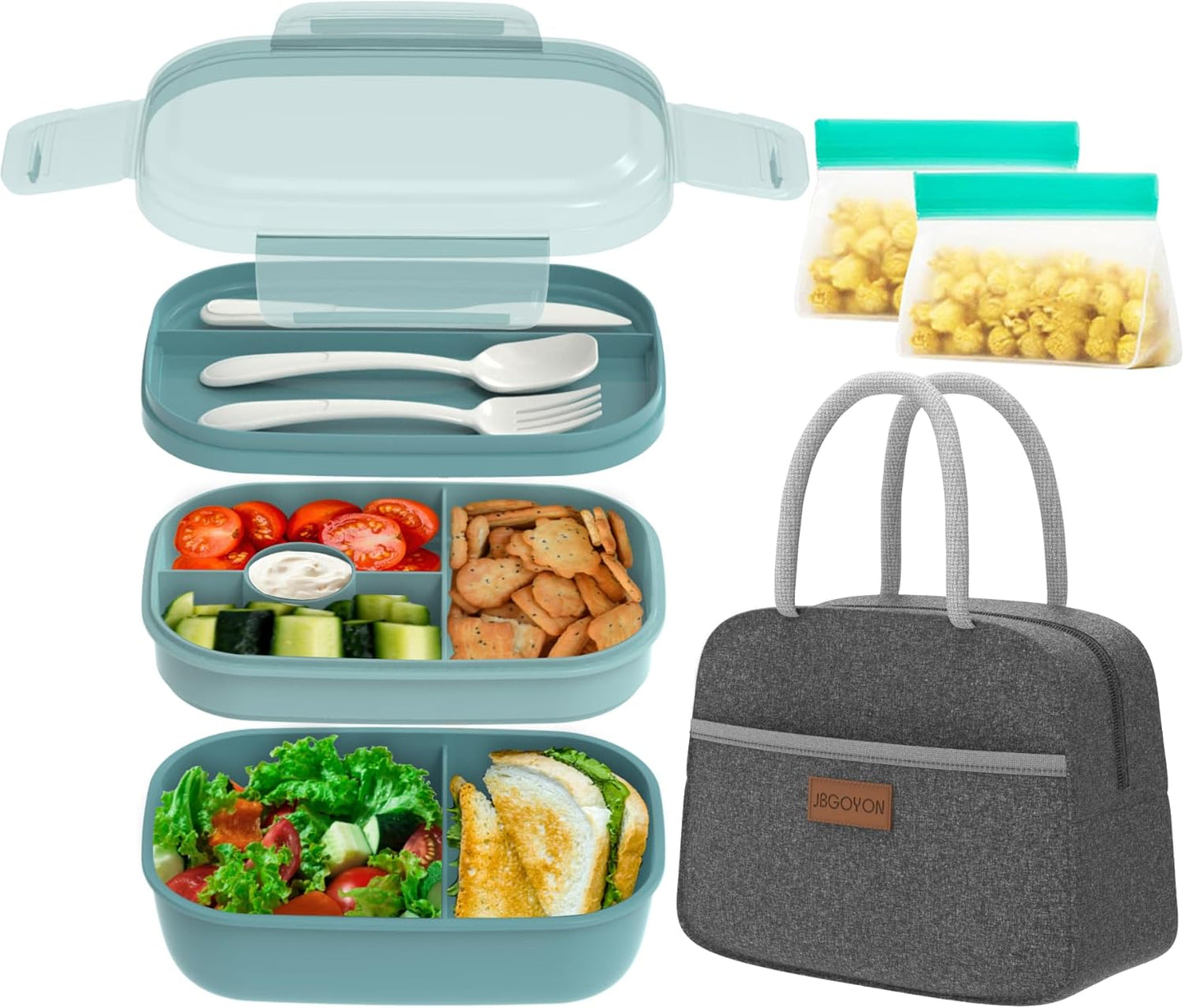 JBGOYON® Bento Lunch Box with Bag - All-in-One Stackable Lunch Containers with 3 Layers for Adults & Kids, 1900 ML Modern Bento-Style Design, Built-in Utensil Set, Lunch Bag (Purple)