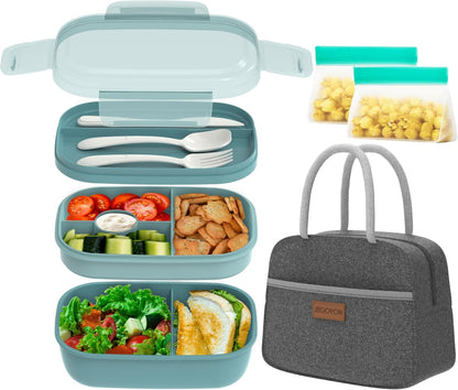 JBGOYON® Bento Lunch Box with Bag - All-in-One Stackable Lunch Containers with 3 Layers for Adults & Kids, 1900 ML Modern Bento-Style Design, Built-in Utensil Set, Lunch Bag (Purple)