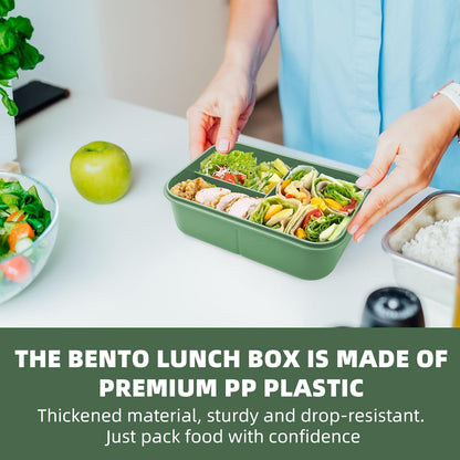 Fanhaw 40 Oz/5 Cup Bento Box for Kids, Men and Women, Lunch Box with 3 Compartments, Utensil, Microwave & Dishwasher Safe (Green)
