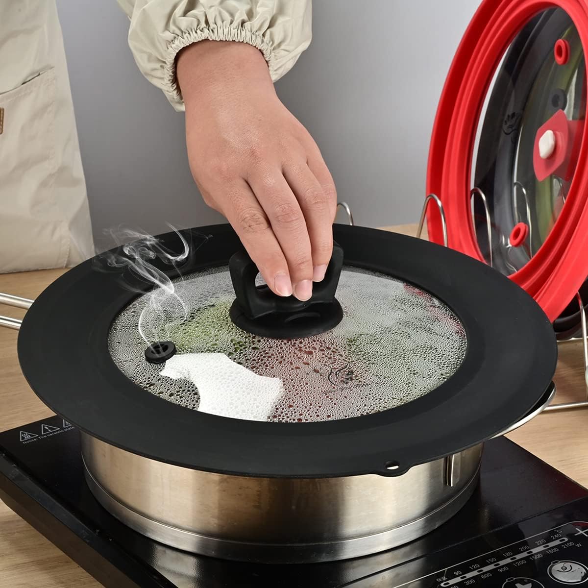 Vented Tempered Glass Universal Lid for Pot Pan Skillet with Heat Resistant Silicone Rim Microwave Splatter Lid Cover Microwave Safe Fit 11.5" 12" 12.5" Cookware, Dishwasher Safe Grey