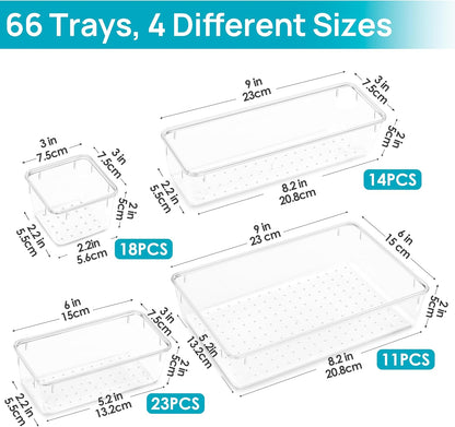 Vtopmart 25 PCS Clear Plastic Drawer Organizers Set, 4-Size Versatile Bathroom and Vanity Drawer Organizer Trays, Storage Bins for Makeup, Bedroom, Kitchen Gadgets Utensils and Office