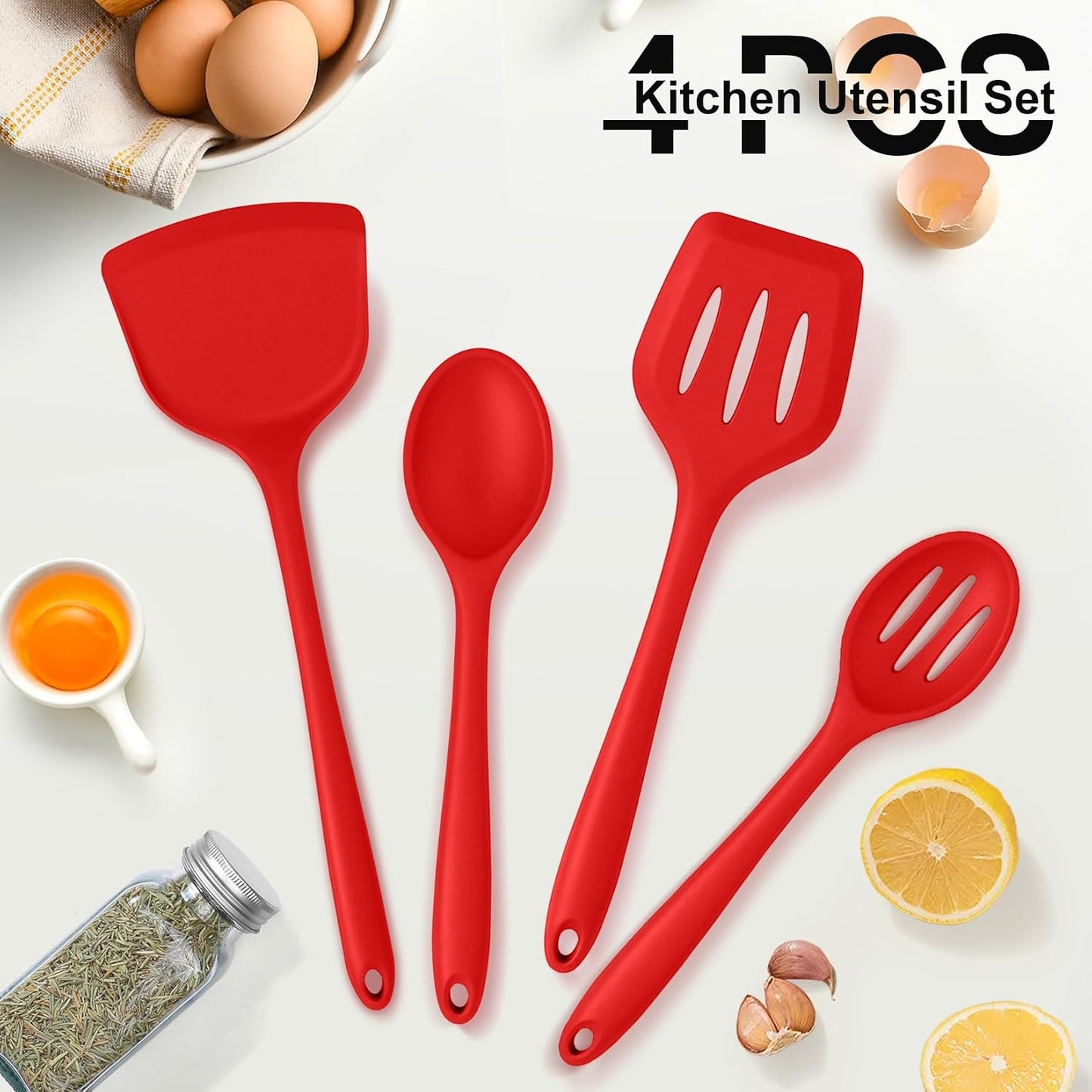 P&P CHEF Kitchen Utensil Set, 4 Pieces Non-stick Silicone Cooking Utensils, Heat-resistant Slotted Solid Spoon Turner for Frying, Mixing, Serving, Non-toxic & Easy to Clean, Blue
