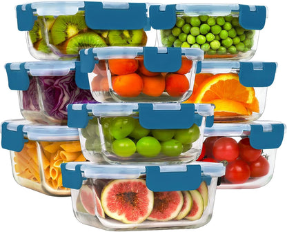 HOMBERKING 18 Piece Glass Food Storage Containers with Lids, Glass Meal Prep Containers, Airtight Lunch Bento Boxes, BPA-Free & Leak Proof, Oven, Freezer and Dishwasher Safe (9 lids & 9 Containers)