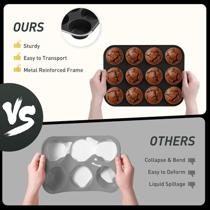 2 Pack 12 Cups Silicone Muffin Pan with Metal Reinforced Frame Regular Size Silicone Molds Cupcake Cake Baking Pans Cookie Baking Chocoflan Cupcake Mold Nonstick Muffin Tin Home Baking Supplies