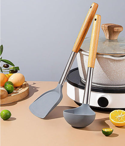 Silicone Spatula Shovel, 14 Inch Gray Turner High Temperature Resistance with Wooden Handle for Cooking and Fried (1)