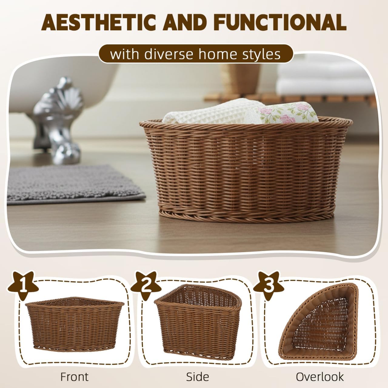 Hemobllo Corner Storage Basket, 90 Degree Triangle Countertop Organizer Bin for Kitchen Bathroom Pantry, Handwoven Plastic imitation Rattan with Metal Frame, Light Brown
