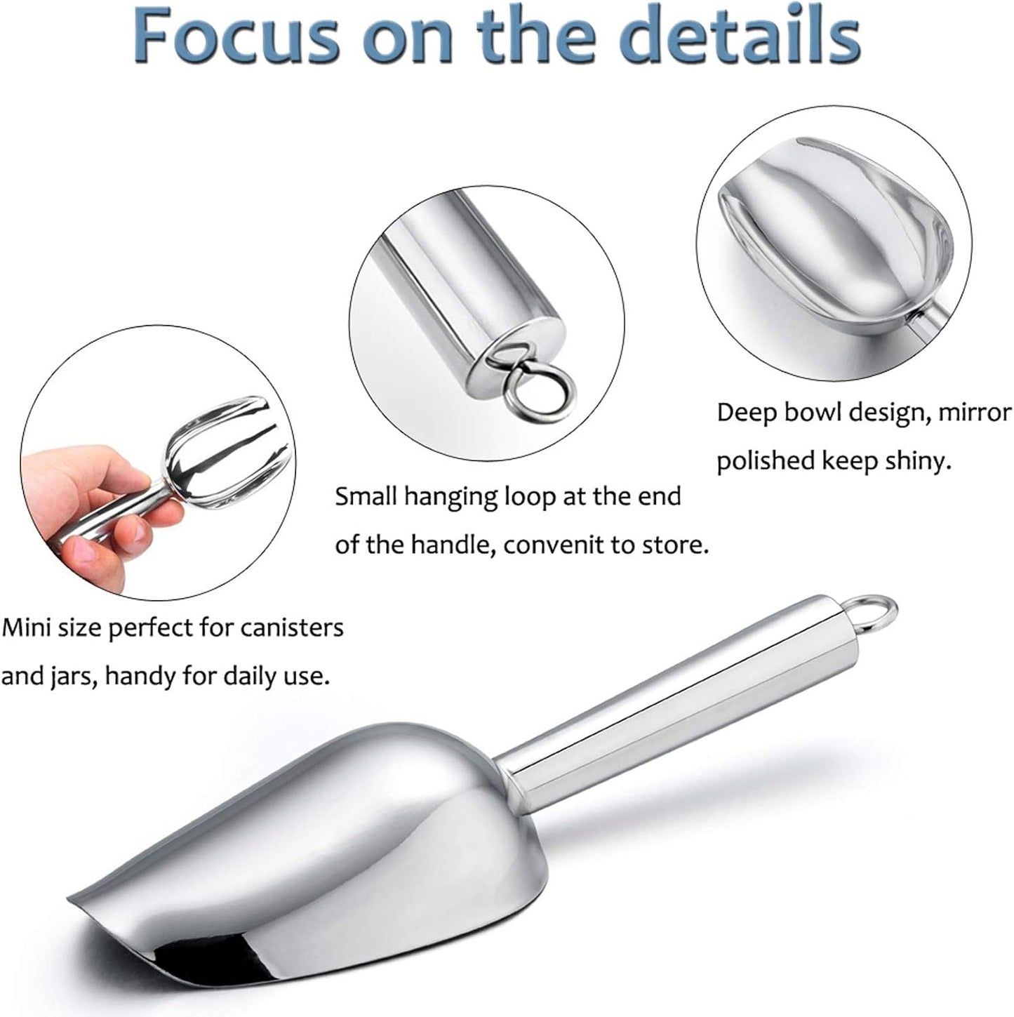 E-far Mini Scoop, 3 Ounce Stainless Steel Kitchen Utility Scoops, Ideal for Candy/Ice Cube/Flour/Sugar/Coffee Bean/Protein Powder, Food Grade & Anti Rust, Easy Clean & Dishwasher Safe (4 Pack)