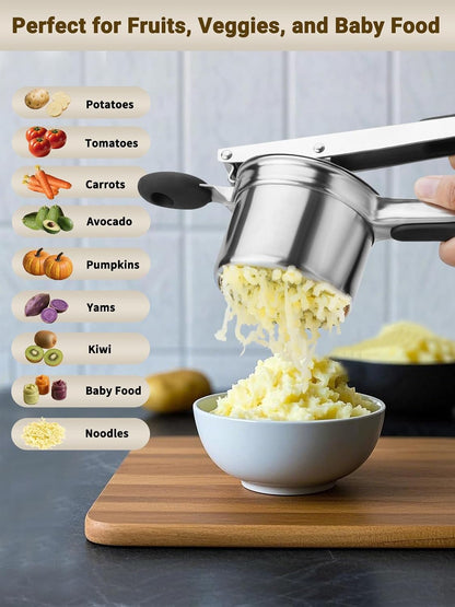 Heavy Duty Potato Ricer, Large 22oz Potato Masher, Stainless Steel Press and Mash Kitchen Gadget for Mashed Potatoes, Spaetzle Maker with Silicone Handle