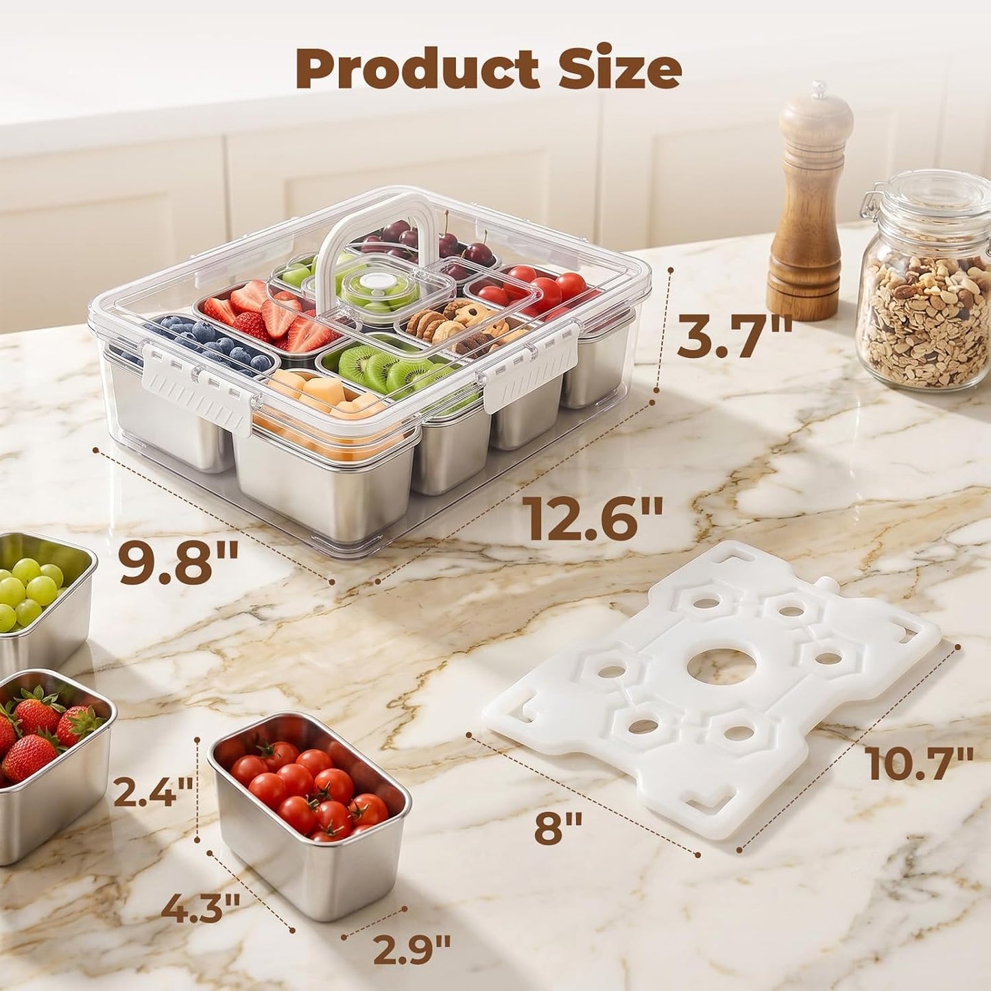 Homelove Snackle Box Container with ice-pack, Snack Container Divided Serving Tray with 8-Compartment Snack Platter, Lid and Handle, Food Organizer for Outdoor Travel Party Beach Picnic