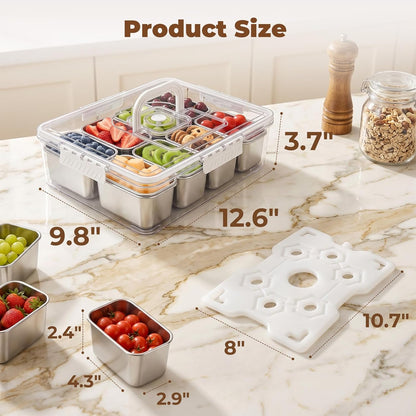 Homelove Snackle Box Container with ice-pack, Snack Container Divided Serving Tray with 8-Compartment Snack Platter, Lid and Handle, Food Organizer for Outdoor Travel Party Beach Picnic