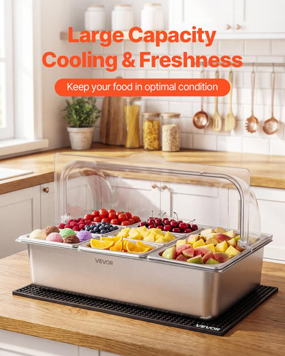 VEVOR Chilled Condiment Server Caddy, 5 Compartment Ice Cooled Serving Container, Plastic Fruit Garnish Tray Platter with Lid, for Taco Salad Bar Accessories, Party Home Restaurant Supplies