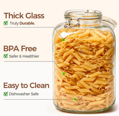 ComSaf Set of 3 Square Glass Jars with Airtight Lids (51 Oz) — Wire Clamp Canisters for Small-Batch Pickling, Kimchi, Bulk Dry Food, Wide Mouth Space Saving Kitchen Pantry Organization Jars