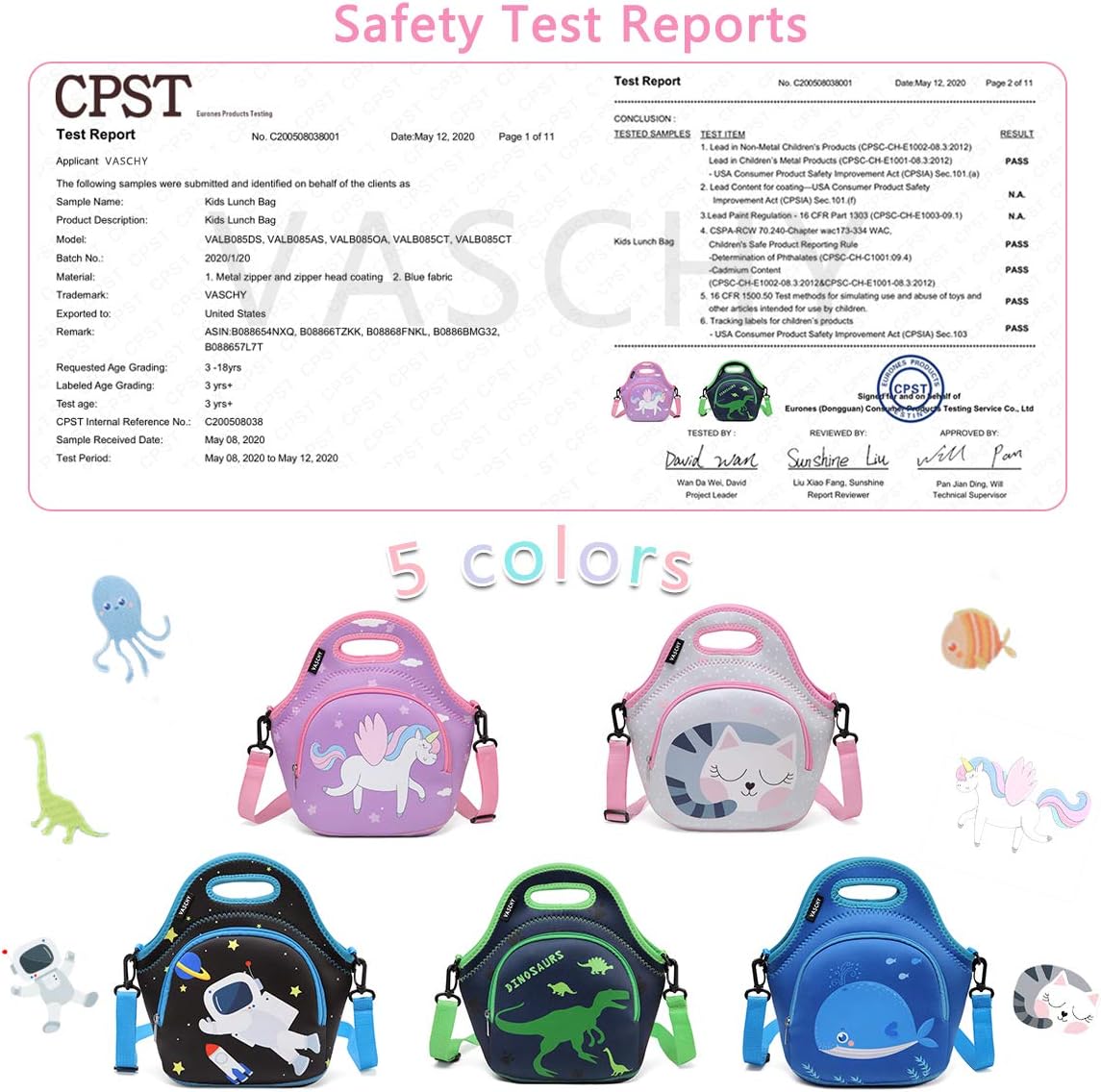 VASCHY Lunch Bag for Kids, Insulated Neoprene Lightweight Lunch Box Bag for Children Boys and Girls School Daycare Kindergarten Dinosaur