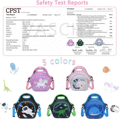 VASCHY Lunch Bag for Kids, Insulated Neoprene Lightweight Lunch Box Bag for Children Boys and Girls School Daycare Kindergarten Dinosaur