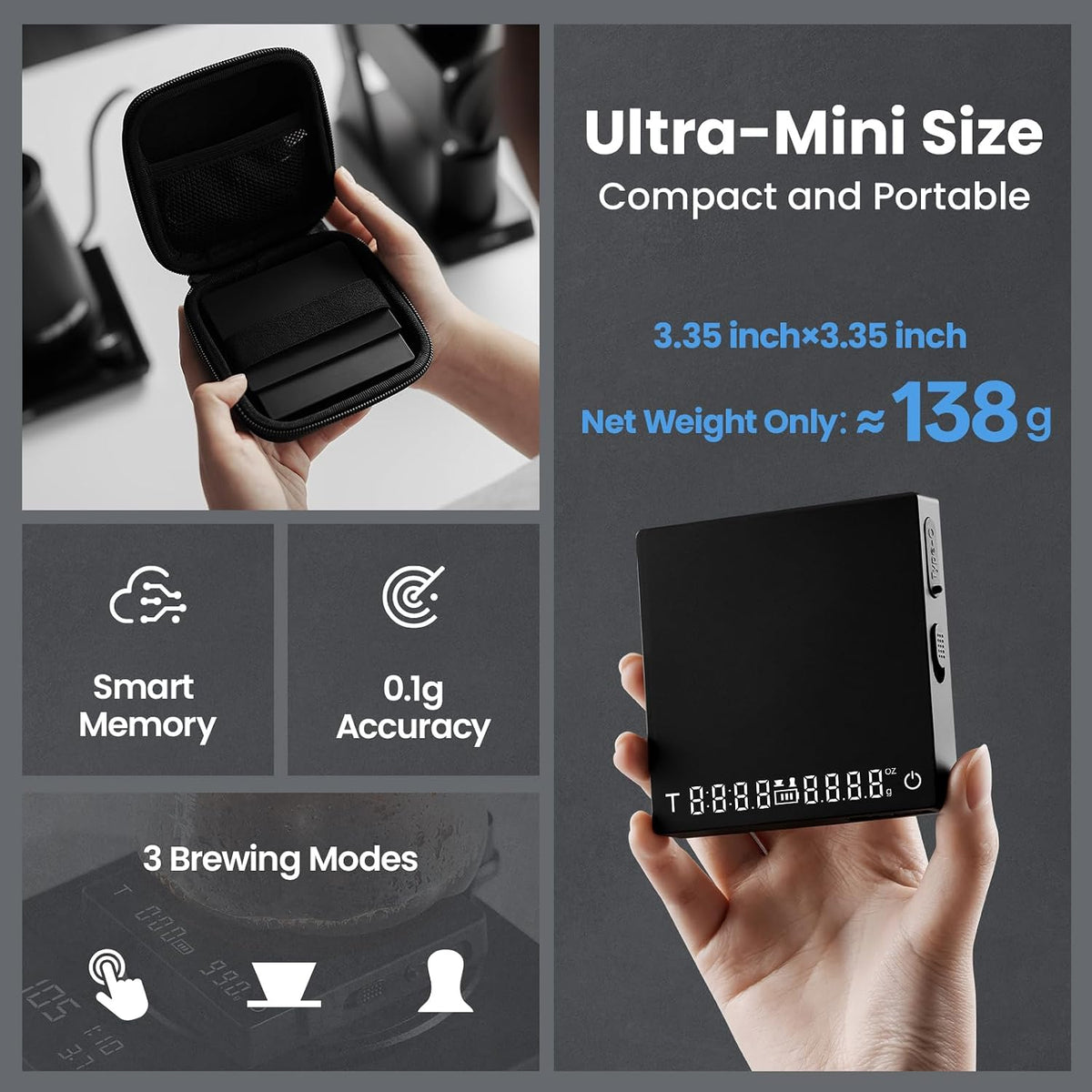 MHW-3BOMBER Extra-Large Coffee Scale with Timer, 5.9 * 5.9in, Digital Pour-Over Scale with Flow Rate, 2kg/0.1g Espresso Scale, 3-Brew Mode, Rechargeable Coffee Bean Weight Scale,Black,ES5663
