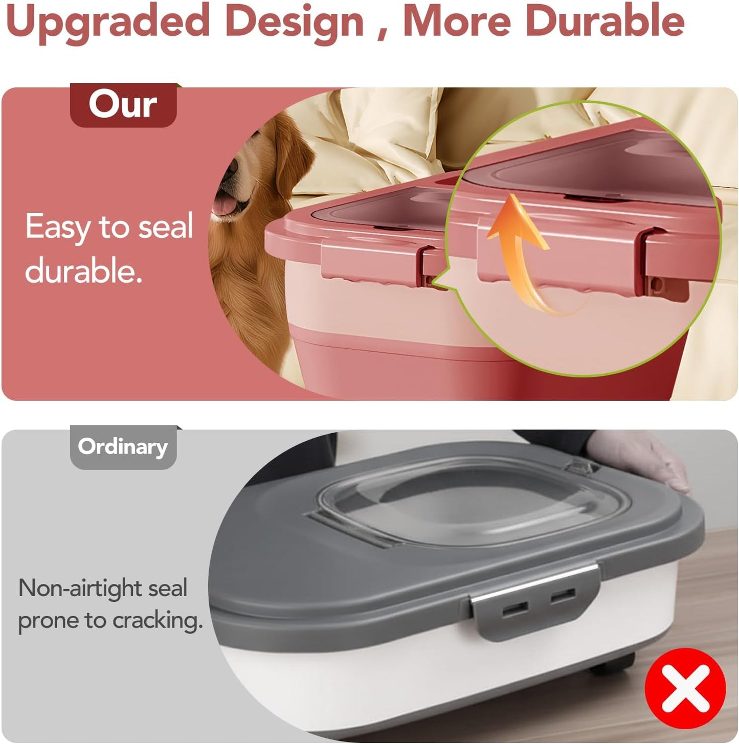 Summark 15 Lbs Dog/Cat Food Storage Container,Collapsible Food Storage Containers with Rolling Wheel Airtight Locking Lid,Pet Food Storage Container with Cup and Scoop,Grey
