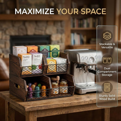 Wood Potato and Onion Storage Bins, Stackable Pantry Organizer, Rustic Produce Storage Baskets for Vegetable, Fruit and Snack