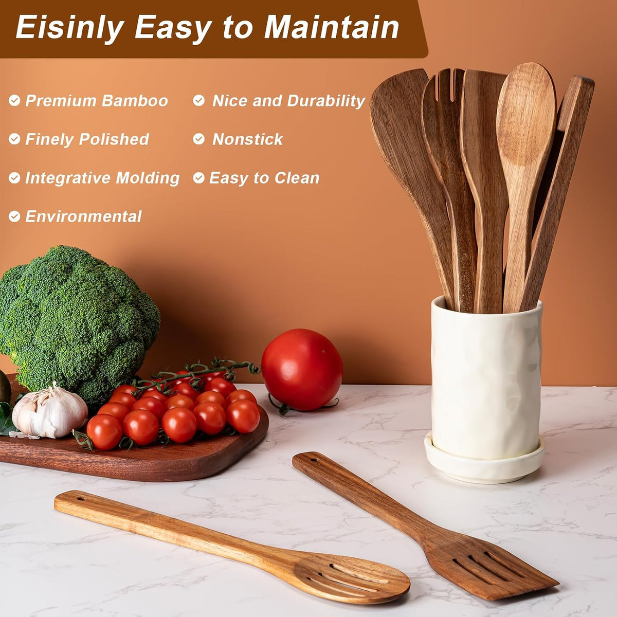 Eisinly 7-Piece Wooden Cooking Spoons, Natural Bamboo Utensil Set