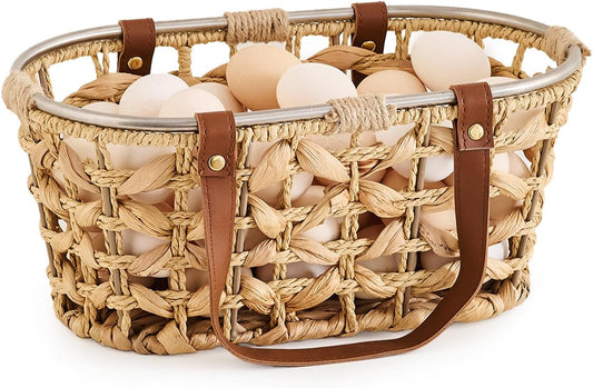Egg Baskets for Collecting Fresh Eggs Farmhouse Handmade Wicker Hyacinth Egg Collecting Basket with Handle
