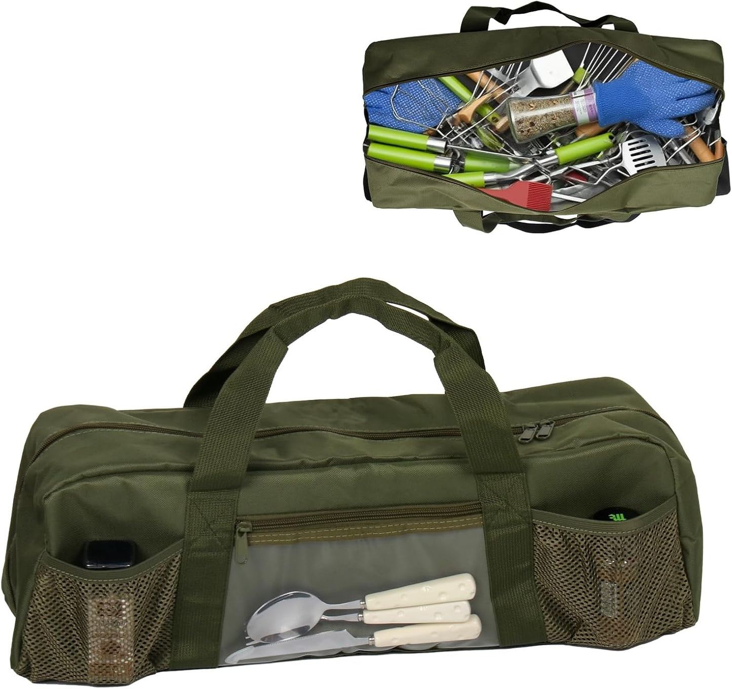 Grill Tools Storage Bag, BBQ Utensil Holder with Pockets, Grill Storage Container for Outdoor Camping & Hiking BBQ, for Barbecue Tool up to 22", Gift for Men, Green