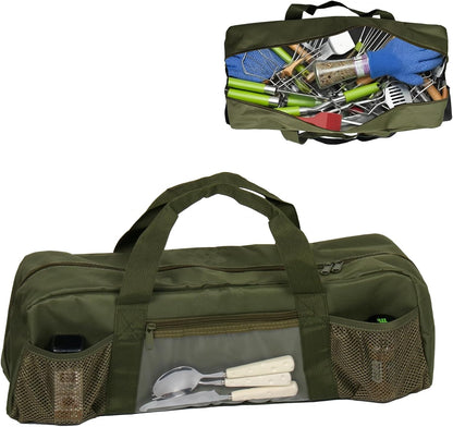 Grill Tools Storage Bag, BBQ Utensil Holder with Pockets, Grill Storage Container for Outdoor Camping & Hiking BBQ, for Barbecue Tool up to 22", Gift for Men, Green