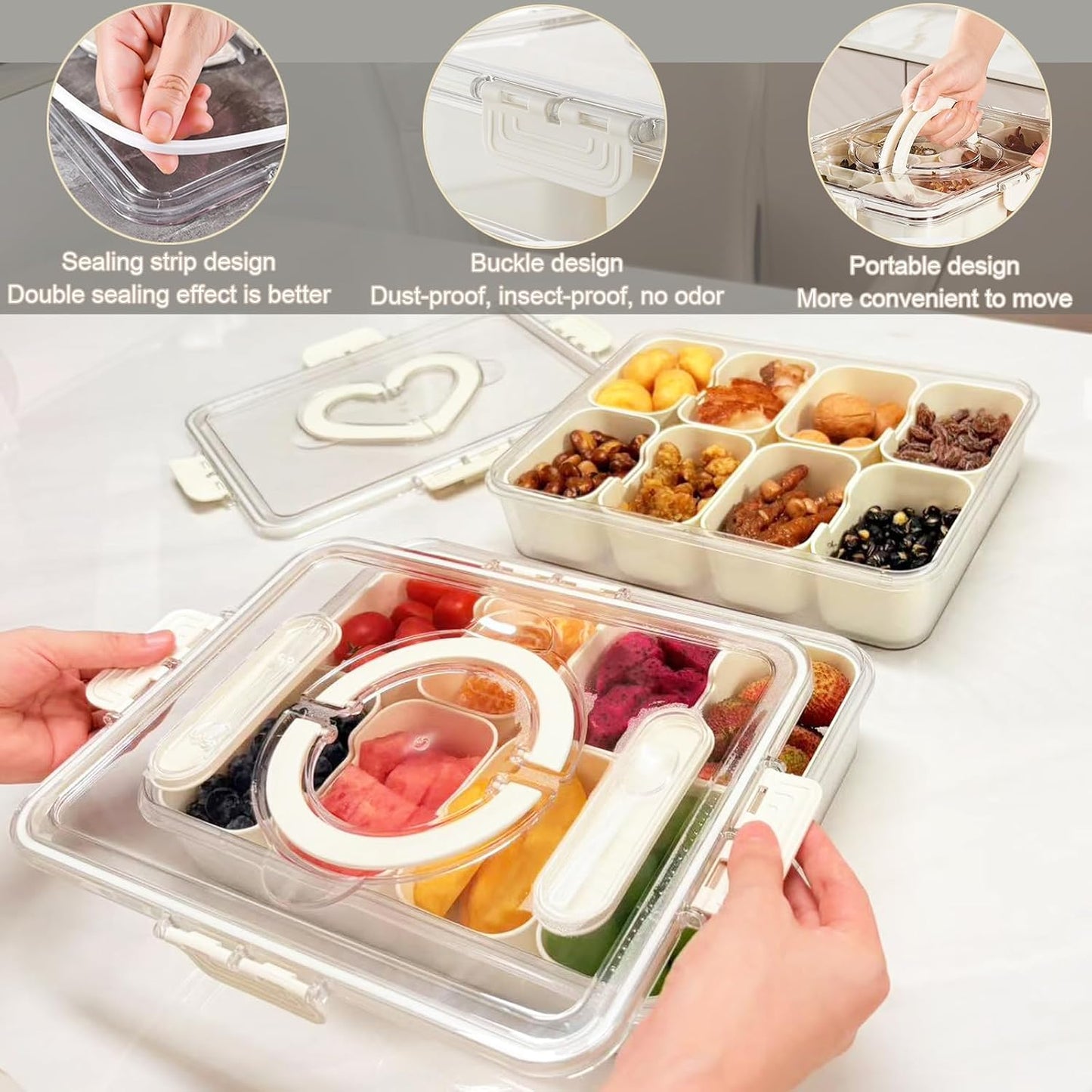 Snackle Box Container Portable - Large 8-Compartment Divided Serving Tray with Lid and Handle, Grab and Go Snack Containers Reusable for Travel and Outdoor Camping, Leak-Proof, BPA-Free