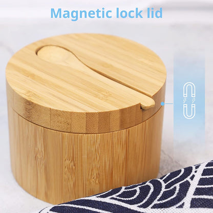 HTB Bamboo Salt Cellar with Mini Spoon and Magnetic Swivel Lid