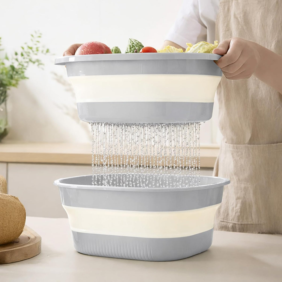 Collapsible Colander & Wash Basin Set, 2-in-1 Foldable Dishpan with Drain Holes, Space-Saving Kitchen Sink Tub for Washing Fruits, Vegetables, Meal Prep & Kitchen Use (Pink)