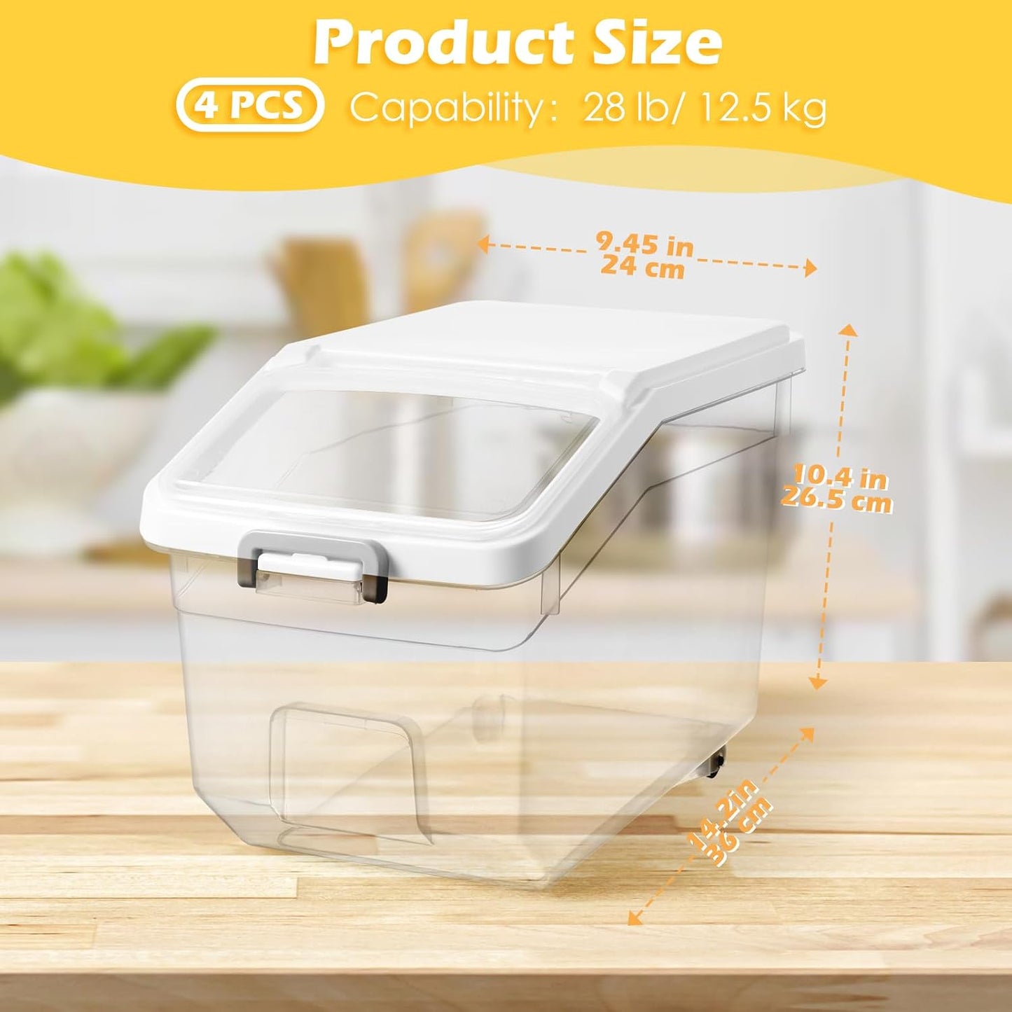 Sunnyray 4 Pcs Rice Storage Container 22 lb Airtight Flour Container with Wheels Measuring Cup Clear Pet Food Cube Dog Cat Birds Food Bin Grain Cereal Organizer Box for Dry Baking Supplies(White Lid)