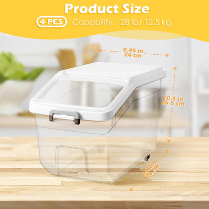 Sunnyray 4 Pcs Rice Storage Container 22 lb Airtight Flour Container with Wheels Measuring Cup Clear Pet Food Cube Dog Cat Birds Food Bin Grain Cereal Organizer Box for Dry Baking Supplies(White Lid)