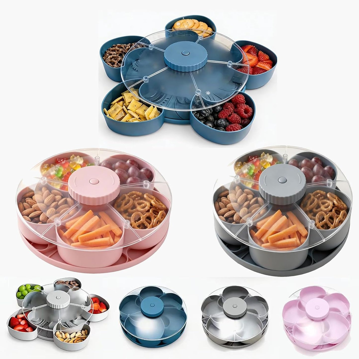 Divided Spin & Snack Serving Tray, Portable Travel Rotating Multi-Compartment Food Organizer with Lid, Party Platter for Chips, Veggies, Fruits, Dips, Nuts (Blue)