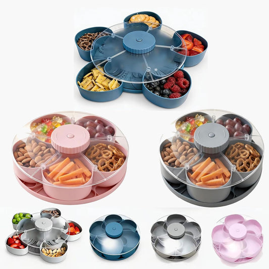 Divided Spin & Snack Serving Tray, Portable Travel Rotating Multi-Compartment Food Organizer with Lid, Party Platter for Chips, Veggies, Fruits, Dips, Nuts (Blue)