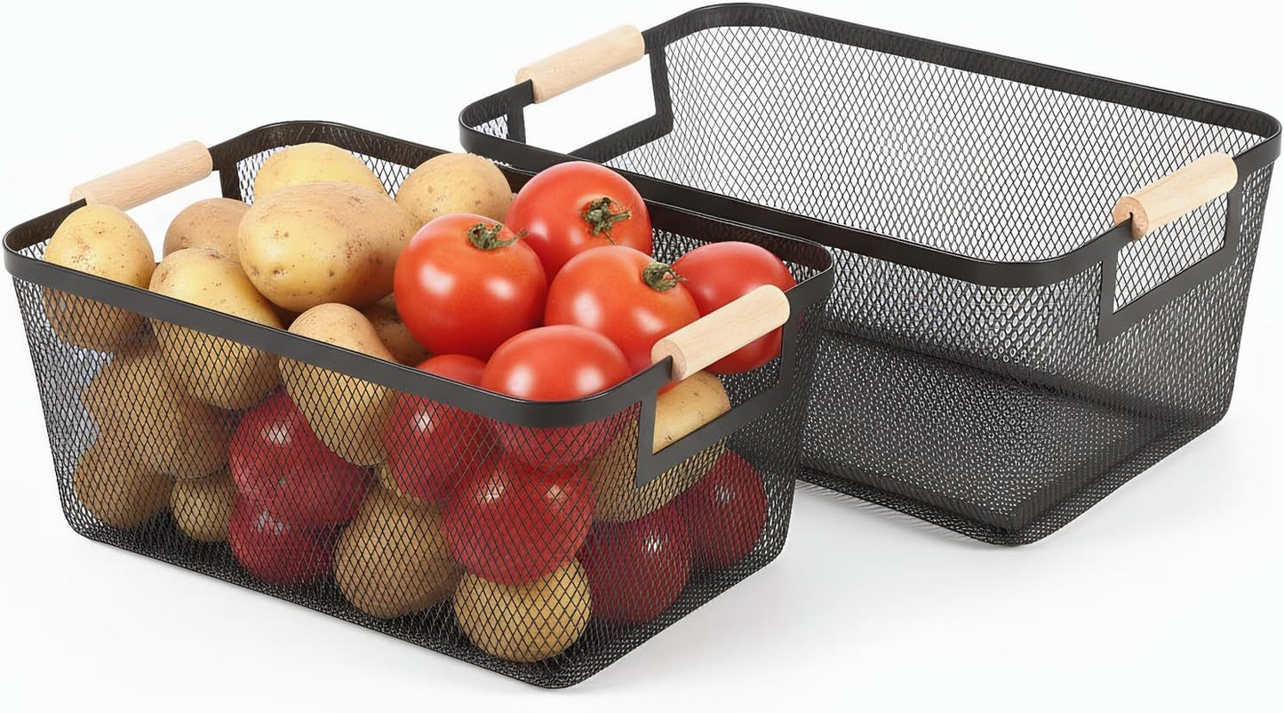 2-Pack Metal Mesh Basket, Large Wire Storage Organizer with Wood Handle for Kitchen Pantry, Bathroom, Cabinet, Closet, Picnic & Home Organization, Large, Black