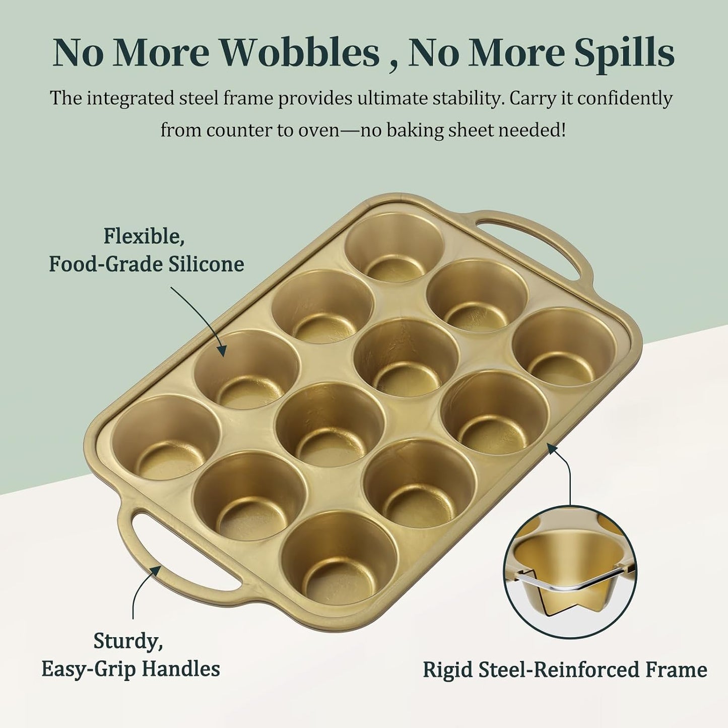 Silicone Muffin Pan with Metal Frame, 12-Cup Non-Stick Baking Pan for Cupcakes & Muffins, Dishwasher Safe & BPA Free, Durable for Meal Prep & Oven Use