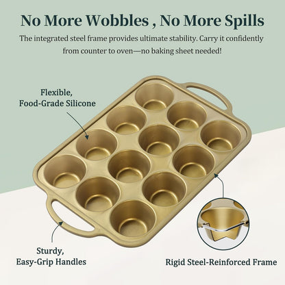 Silicone Muffin Pan with Metal Frame, 12-Cup Non-Stick Baking Pan for Cupcakes & Muffins, Dishwasher Safe & BPA Free, Durable for Meal Prep & Oven Use