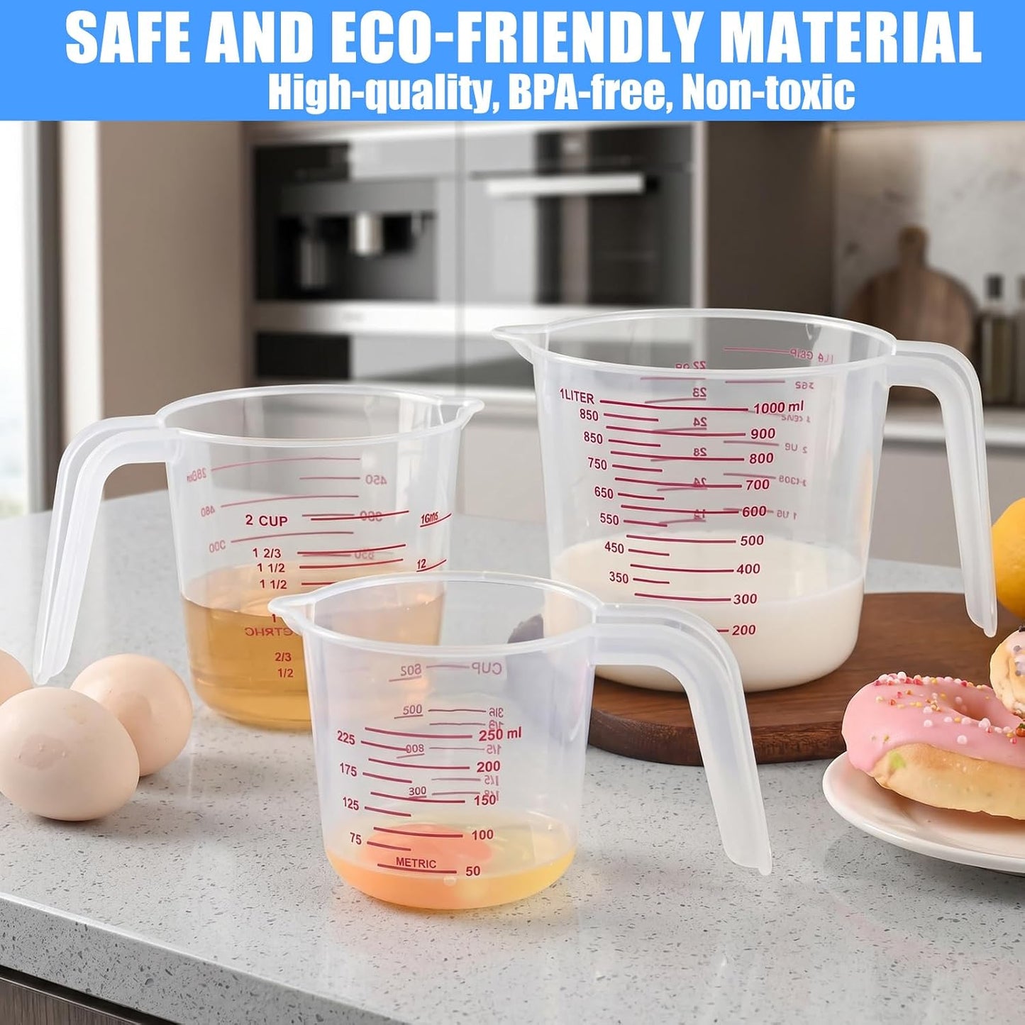 DTDNZKN 3 Pack Measuring Cup Set, Plastic Liquid Measuring Cups 250ml, 500ml & 1000ml - Clear Markings for Baking, Cooking, Mixing, Oil & Water Measurement - Essential Kitchen Tools