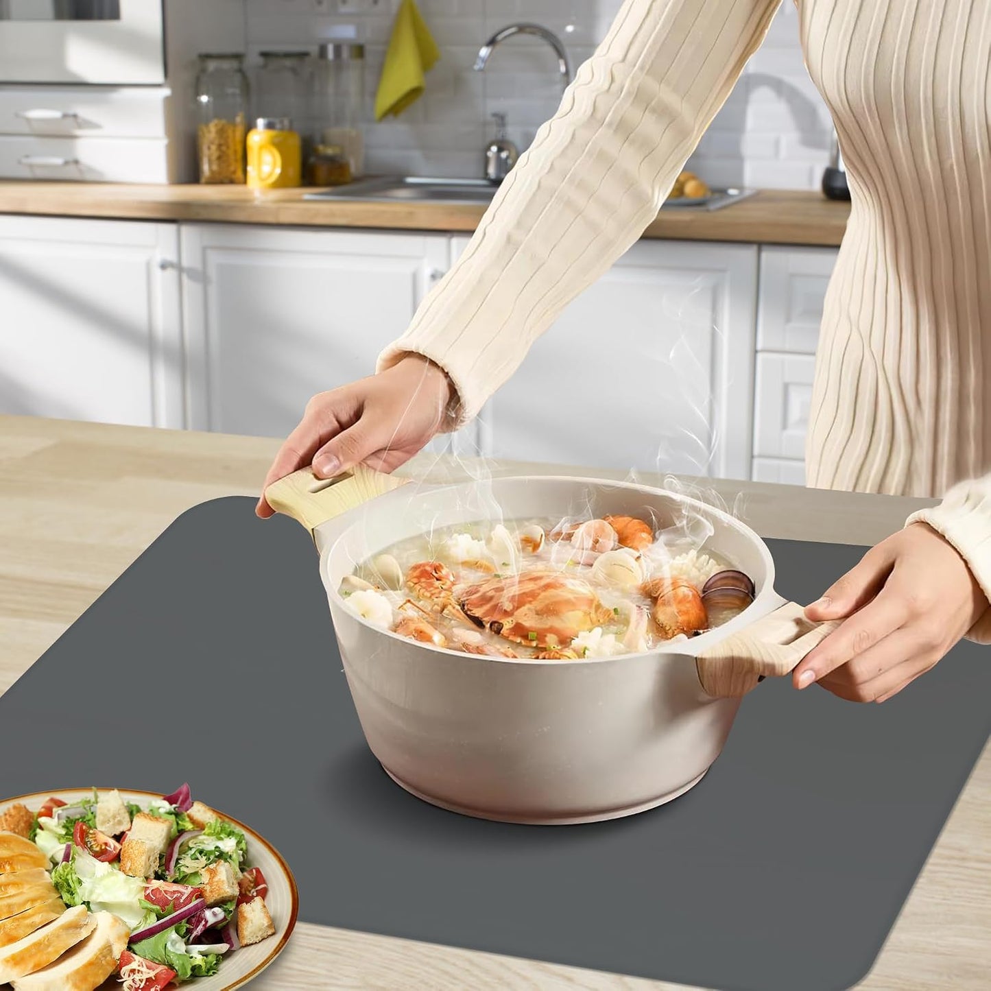 Silicone Mat for Kitchen Counter, Silicone Mat Trimable to Size (Black, 15.7×11.8inch-2pcs), BPA-Free Silicone Placemat, Heat-Resistant NonSlip Table Mat for Air Fryer, Countertop Protector Mat