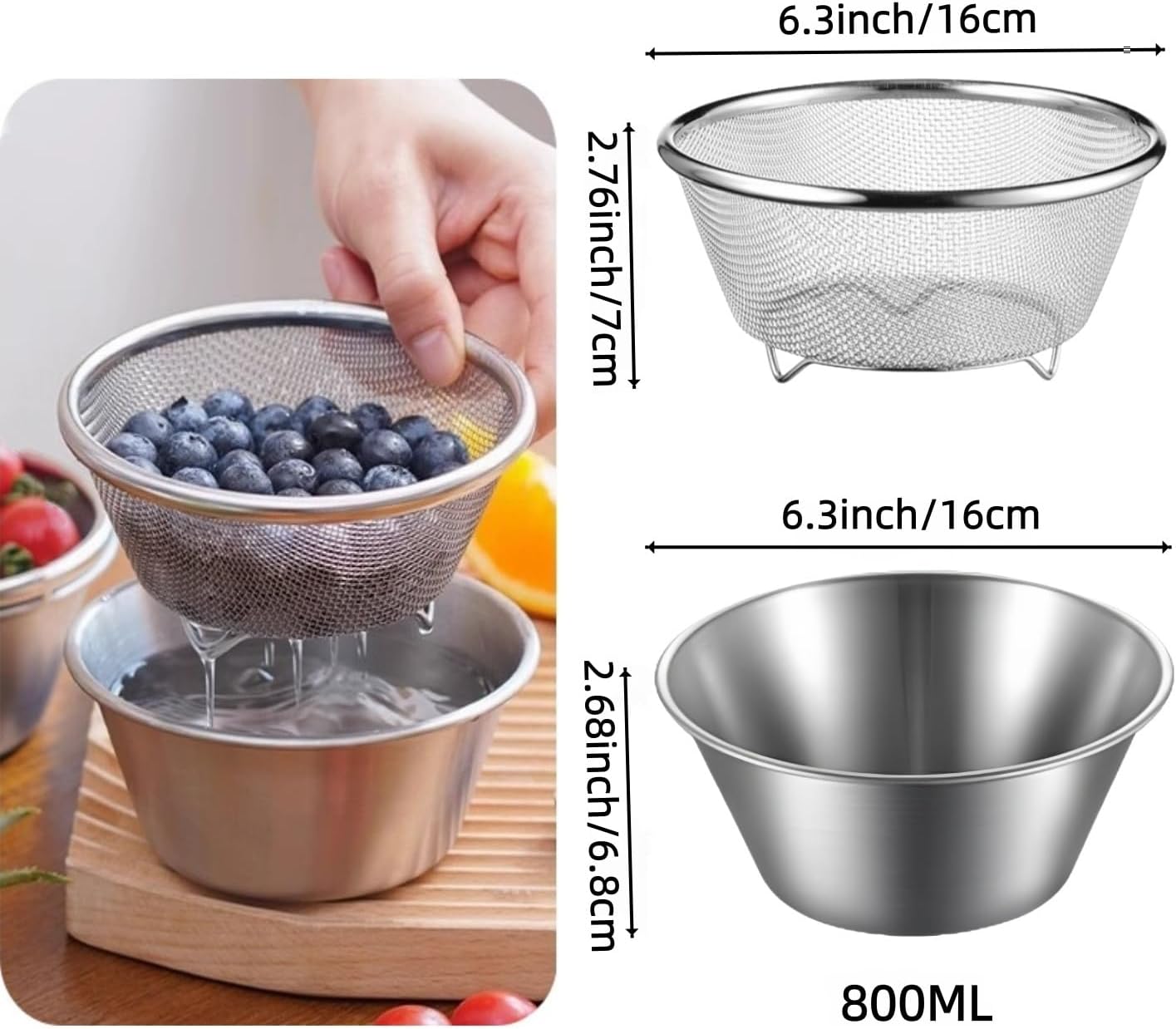 2 Pcs Mini Colander with Small Mixing Strainer Bowl 304 Stainless Steel Berry Basket for Washing Fruits, Vegetables, Rice - Dishwasher-Safe Kitchen Strainer (Silver, 5.51 x 2.36 inches)